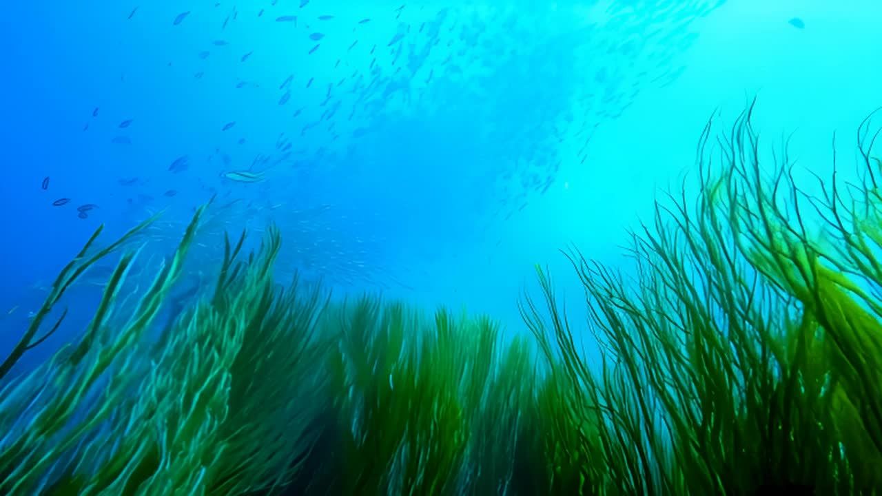 水下森林，水清见底。阳光穿透水面，照亮了一片生机勃