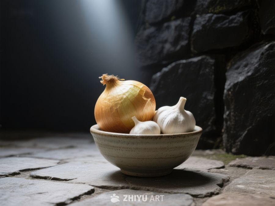 洋葱大蒜置于石碗中 368