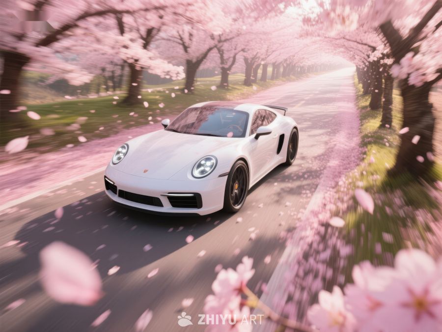 白色跑车穿梭于樱花大道 3