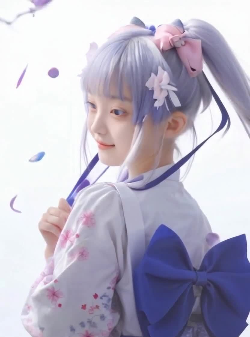 花瓣飘落，一个穿着和服的少女微微一笑，她有着紫色的