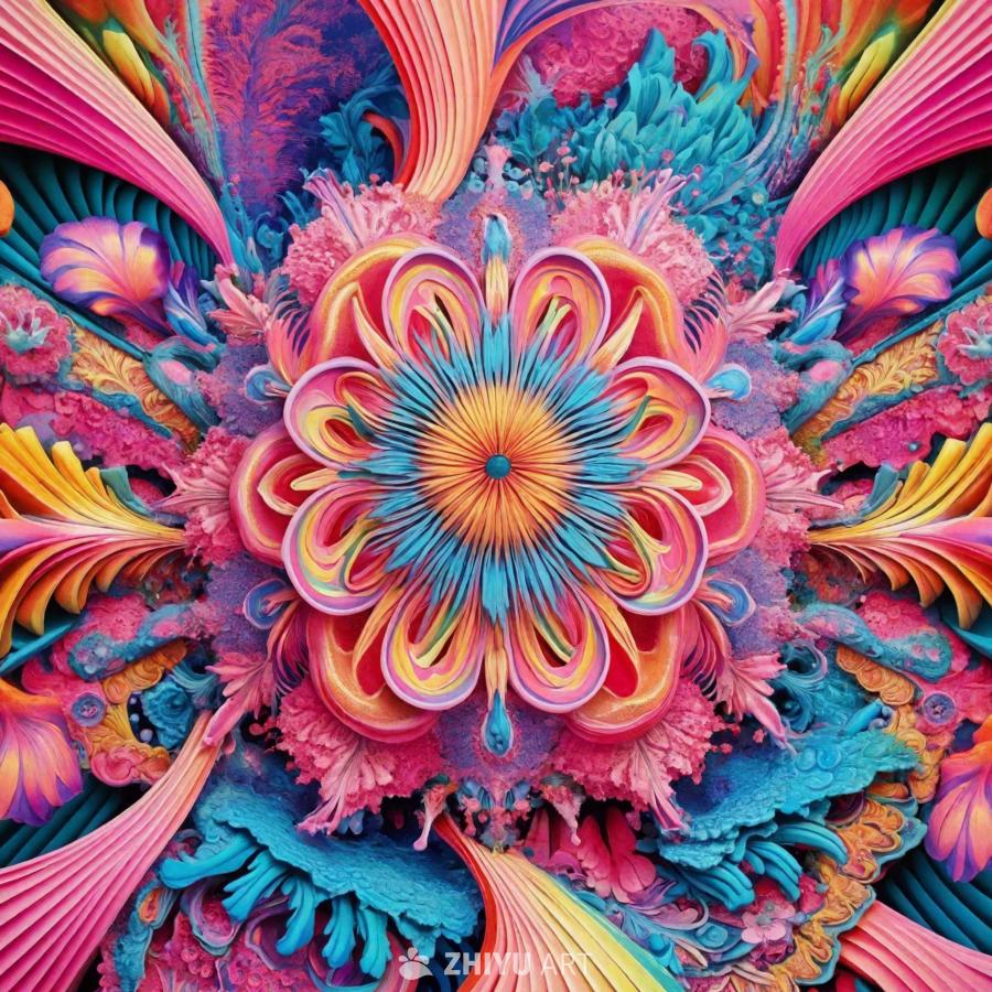 一个迷幻风格的壁纸，设计充满活力和色彩。画面中心是