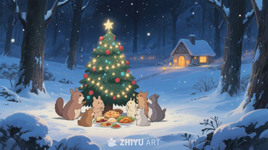 森林动物围坐圣诞树旁共享美食 162