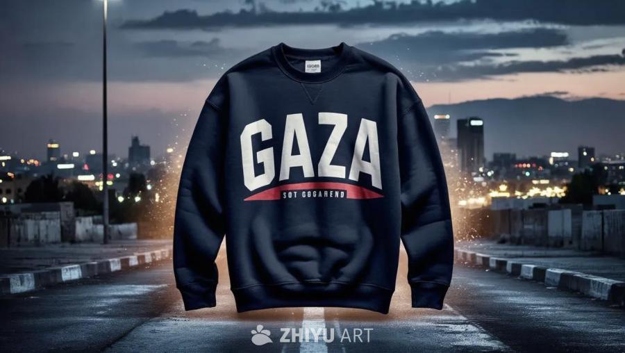 一件深蓝色运动衫，正面印有白色大写字母“GAZA”