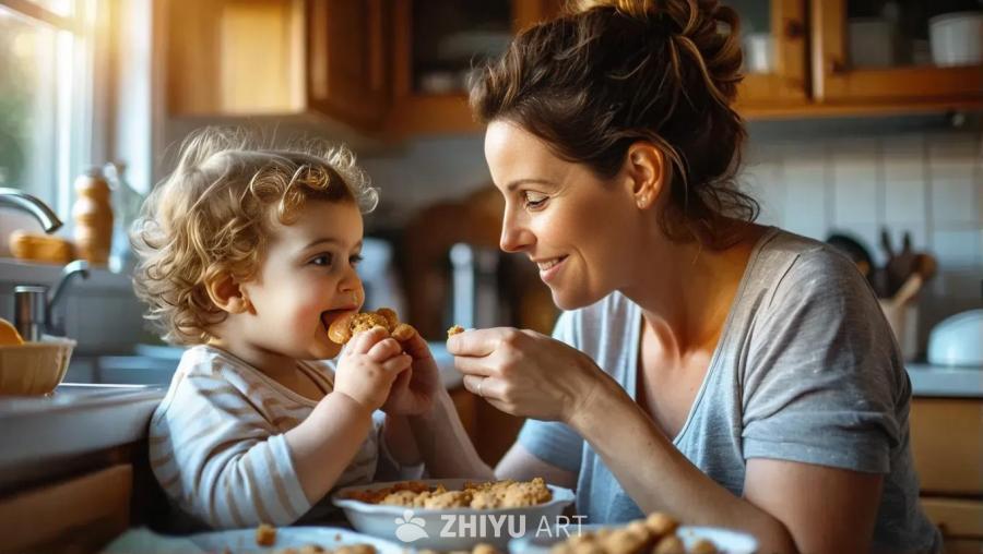 一名女性正在喂一名幼儿吃零食。幼儿坐在桌子旁，手中