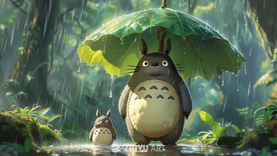在葱郁的雨林中，一只高大的龙猫手持巨大的绿叶，为身
