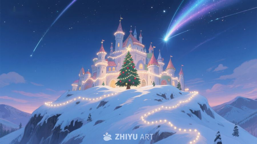 雪夜城堡与圣诞树 371