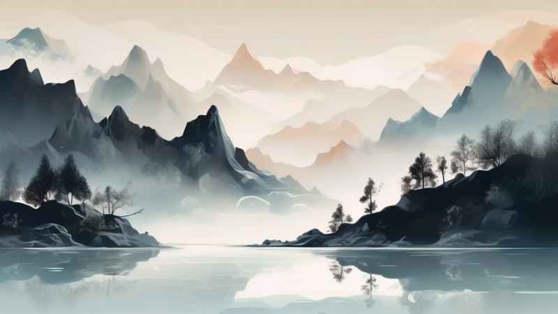 国风水彩画山水风景插画 17