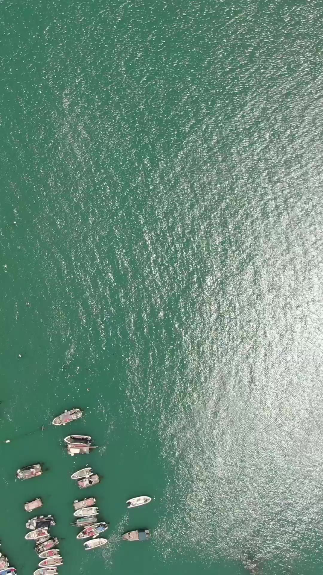 航拍蓝色海边礁石海浪