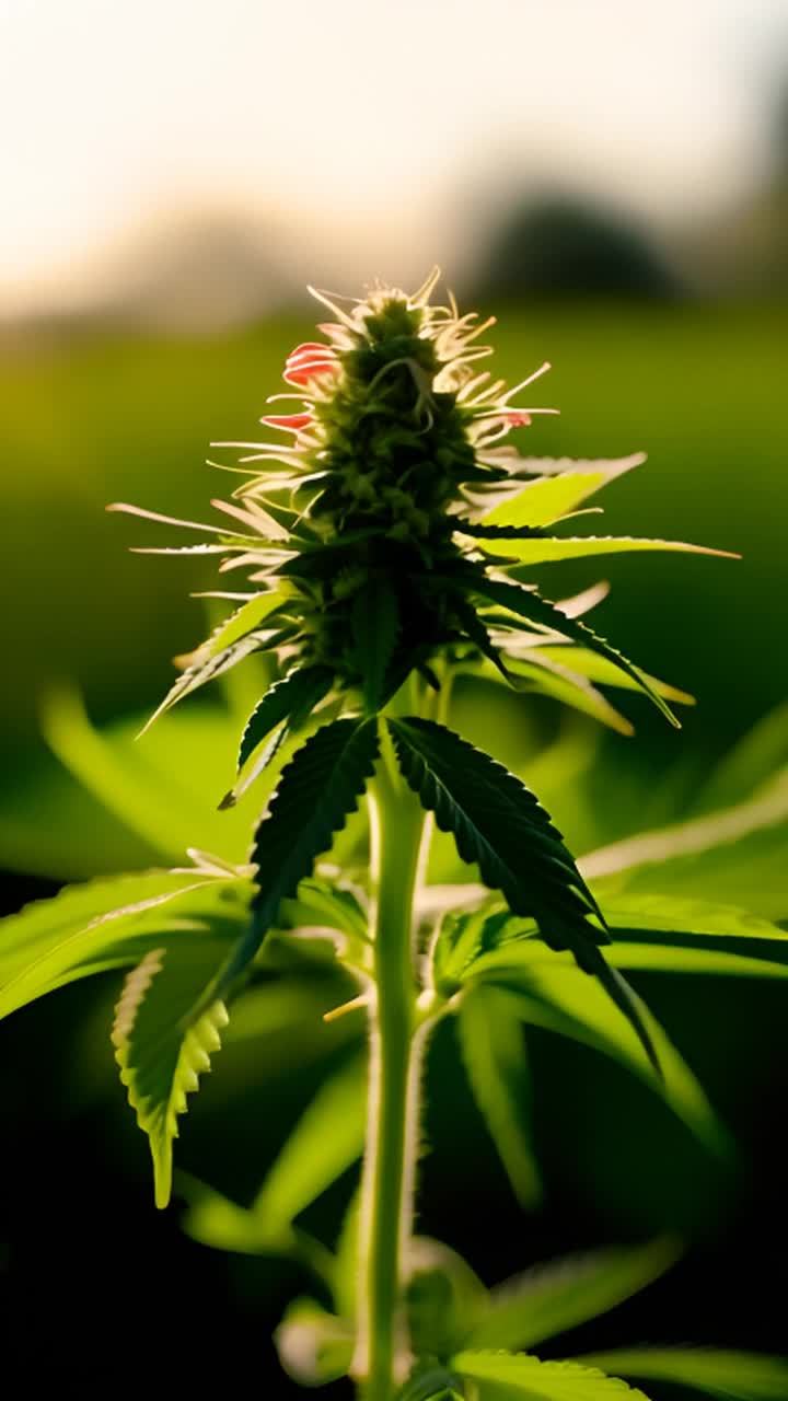 一株大麻植物，从幼苗开始生长，逐渐长成枝繁叶茂的绿