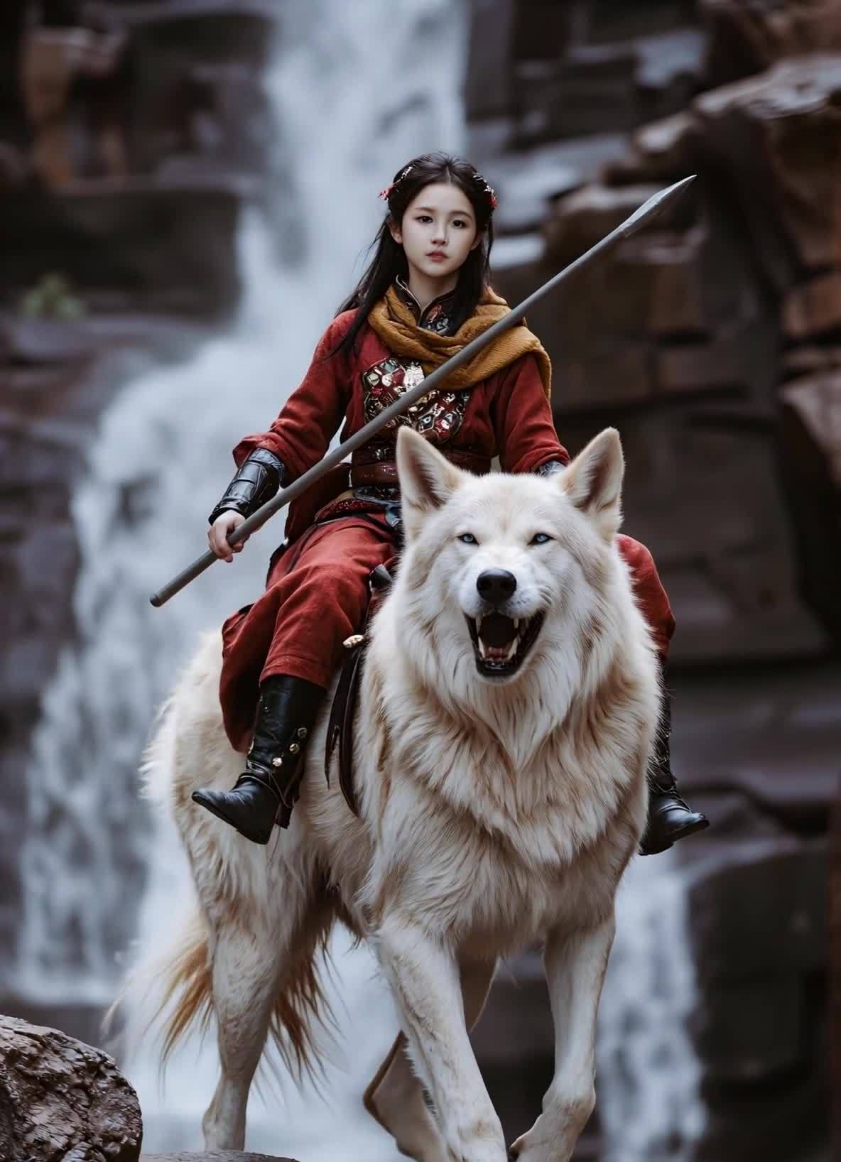 红衣少女骑白狼，手持长矛，瀑布背景。