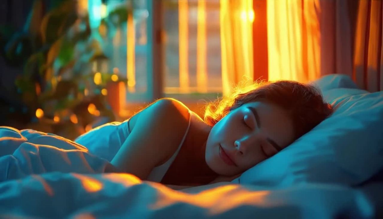 一位女性睡在床上，窗户照射着明亮的光线，房间内有植