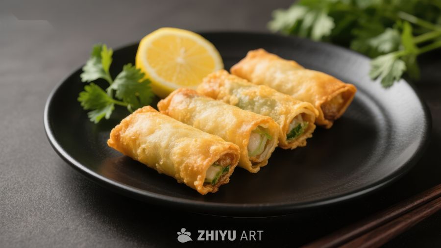 金黄春卷配柠檬与香菜