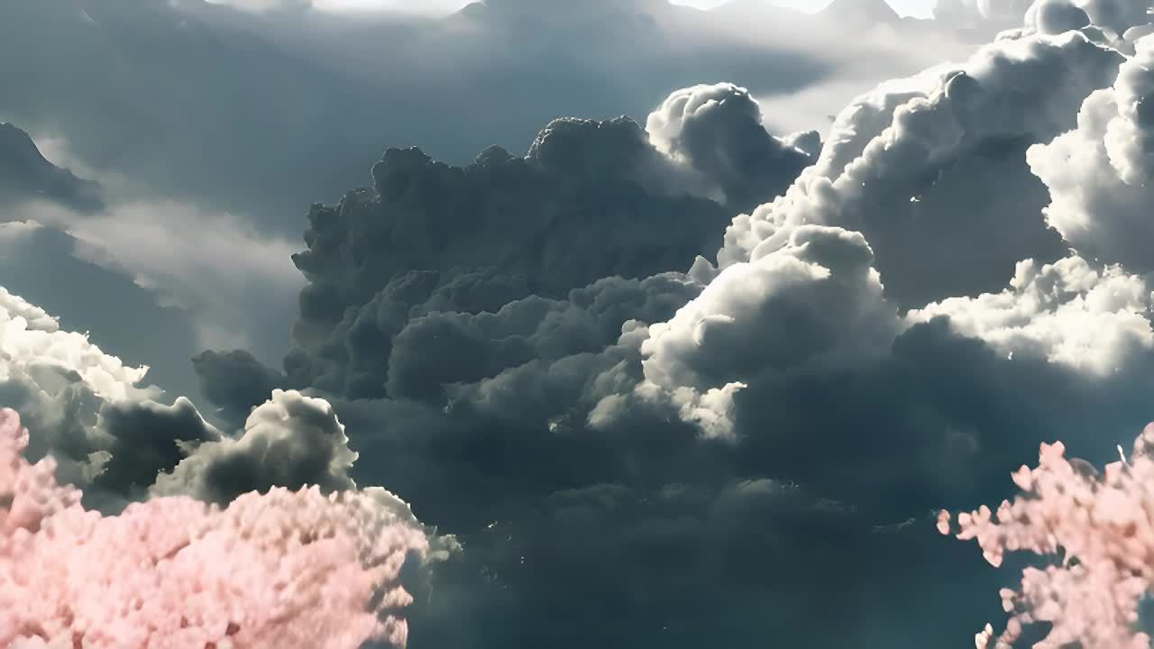 灰色的云层布满了天空，云朵形状各异，颜色深浅不一，