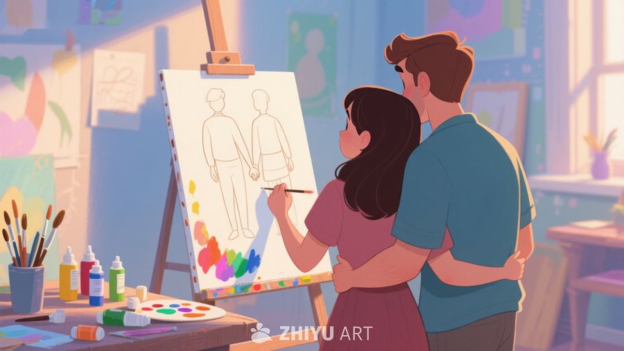 情侣共同创作画布上的双人剪影 231