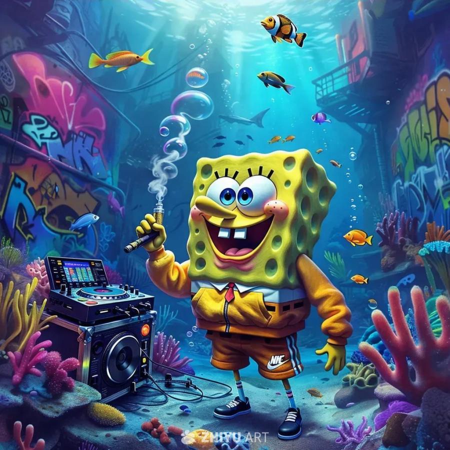 海绵宝宝穿着耐克运动服，站在水下，手中拿着电子烟。