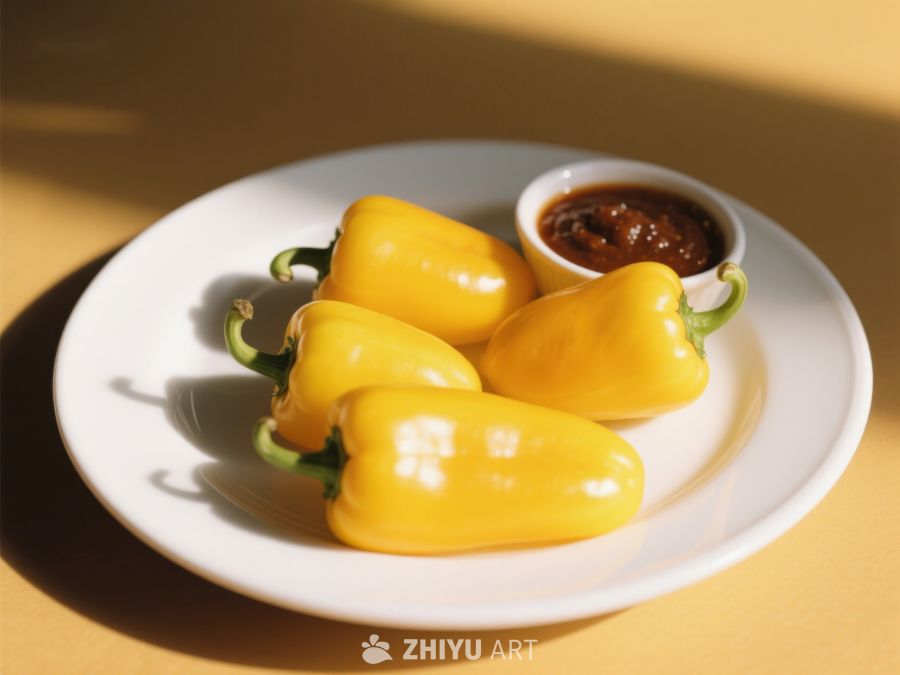 黄色甜椒配酱料，盘中美食 189