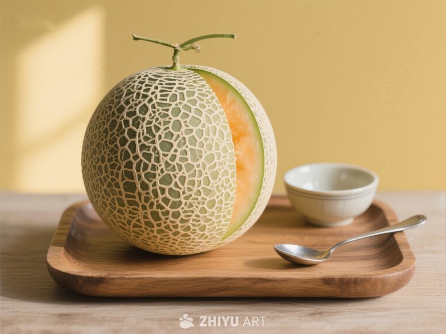 新鲜哈密瓜与小碗置于木质托盘 576
