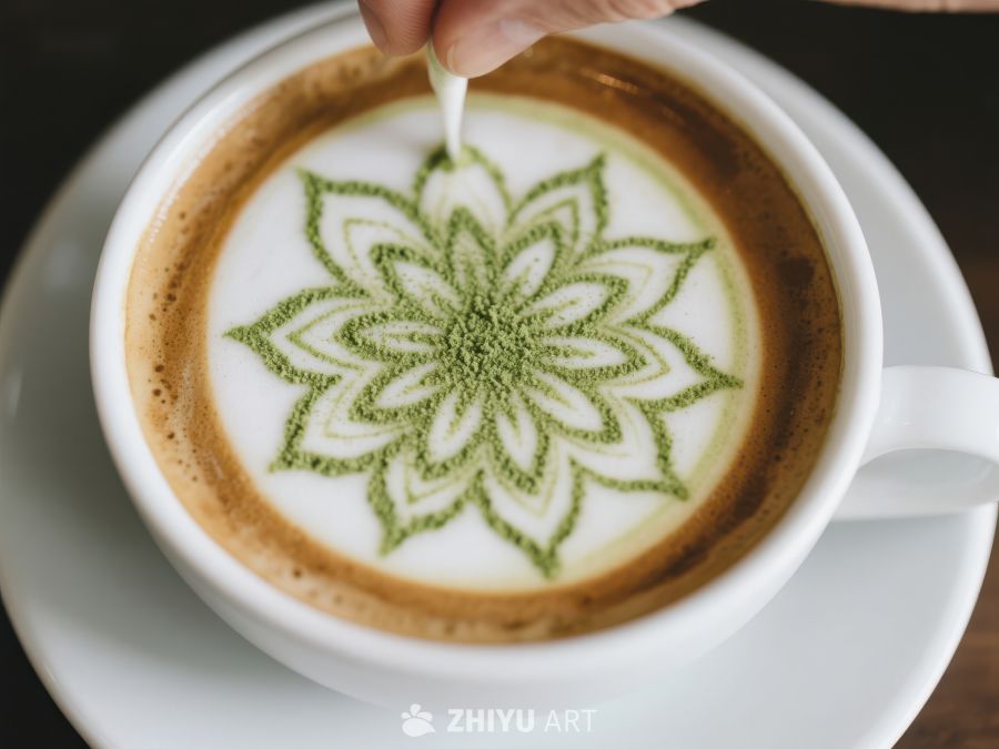 咖啡杯中的绿色花卉拉花艺术