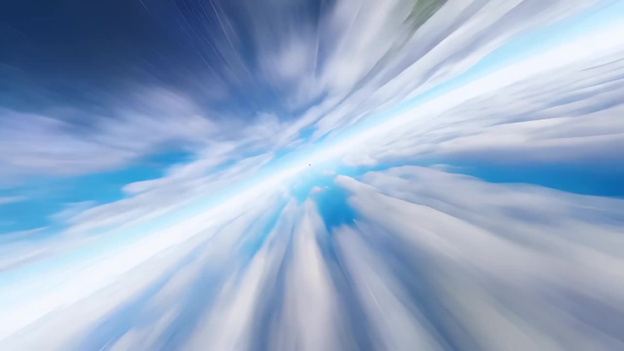 绿色树木和白色云层在蓝色天空背景下呈现出模糊的运动