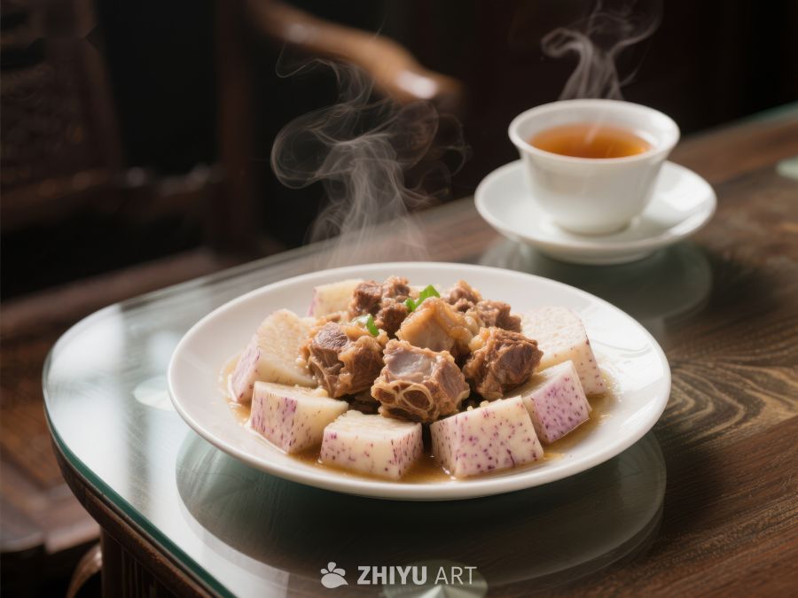 芋头排骨蒸盘与热茶 1141