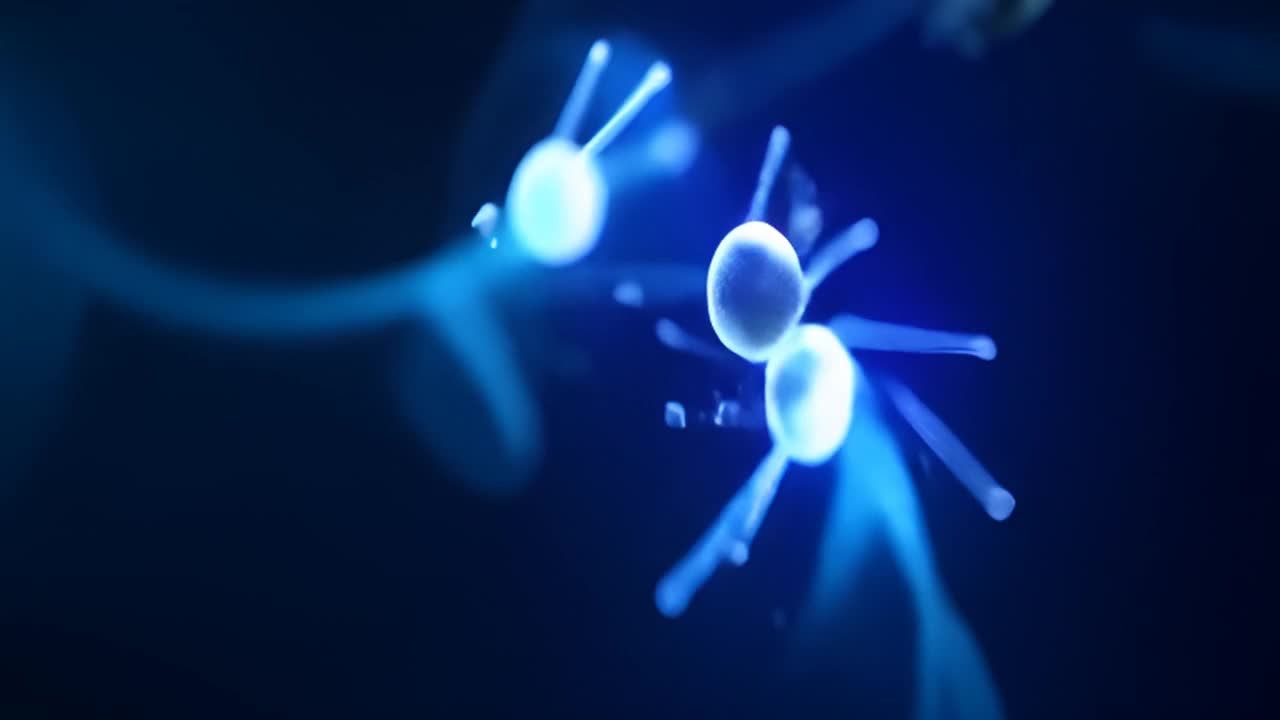 两个球体通过细线连接，周围环绕着模糊的蓝色线条，背