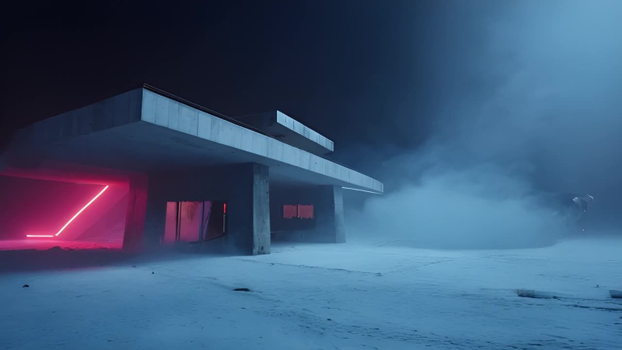 一个现代混凝土结构在寒冷的冬夜，被浓雾和霓虹荧光包