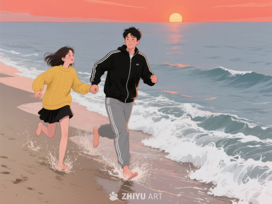 海边奔跑的年轻情侣 241