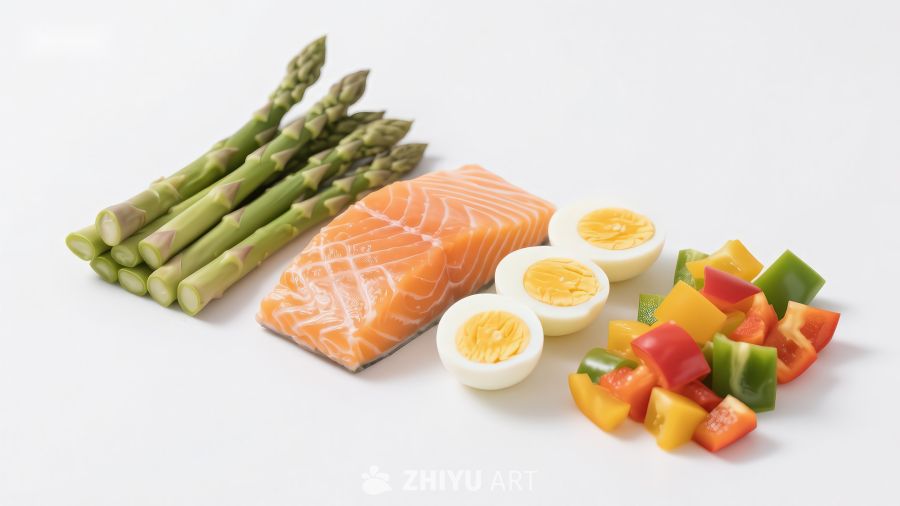 新鲜食材组合：三文鱼与蔬菜