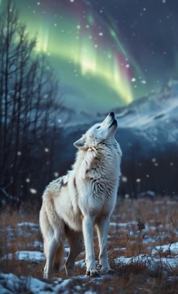 极光雪夜白狼仰天长啸雪山背景