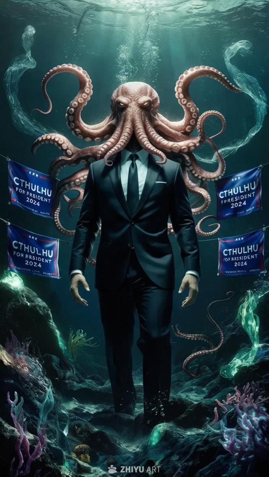 深海中，一个身穿黑色西装，头为章鱼形象的角色站立着