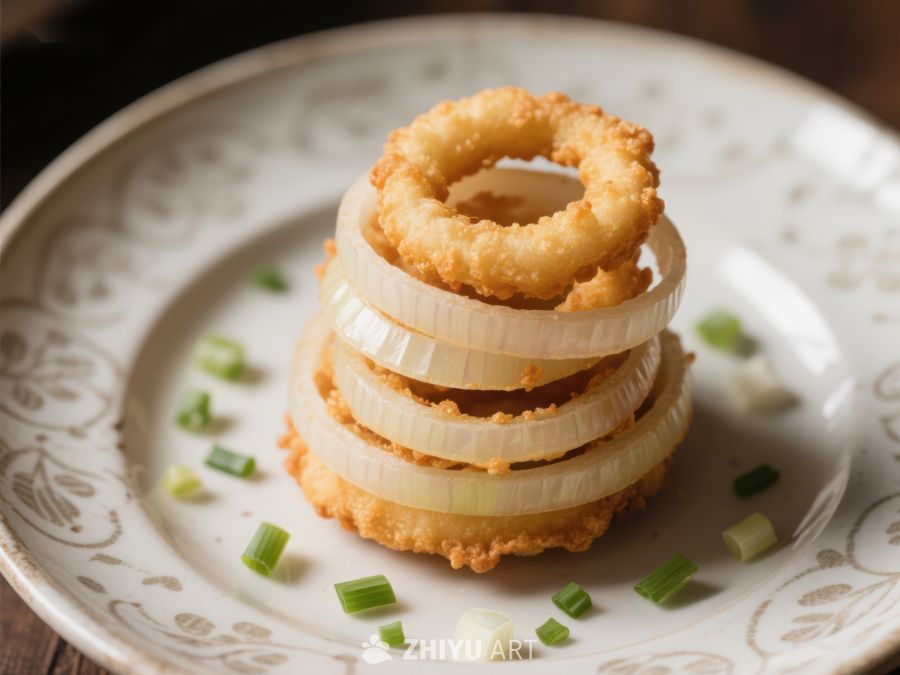 金黄酥脆的洋葱圈叠放特写