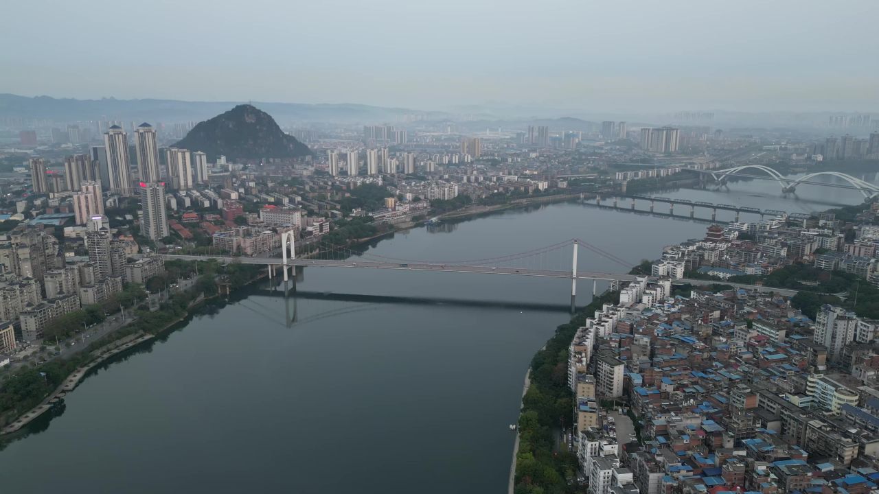 广西柳州城市清晨航拍 