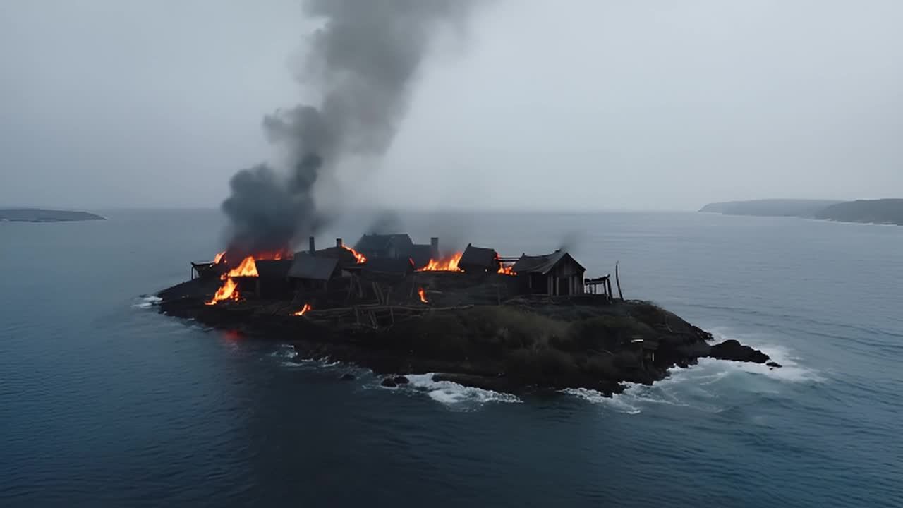 一座孤岛上的小村庄燃起了熊熊大火。火焰吞噬着房屋，滚滚浓烟升上天空。摄像机缓缓地在岛上移动，记录下破坏的场景和周围的海域。色彩饱和度降低，营造出一种忧郁的氛围。