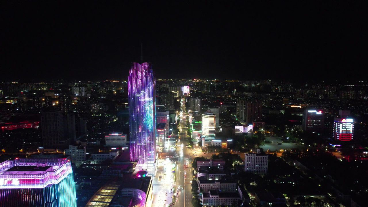河北保定城市夜景万博广场夜景航拍 