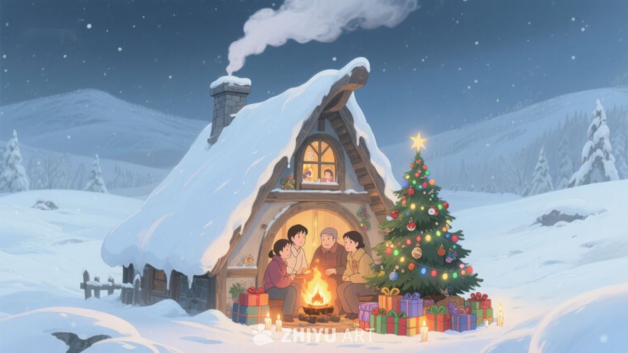 冬夜小屋前的温馨圣诞 93