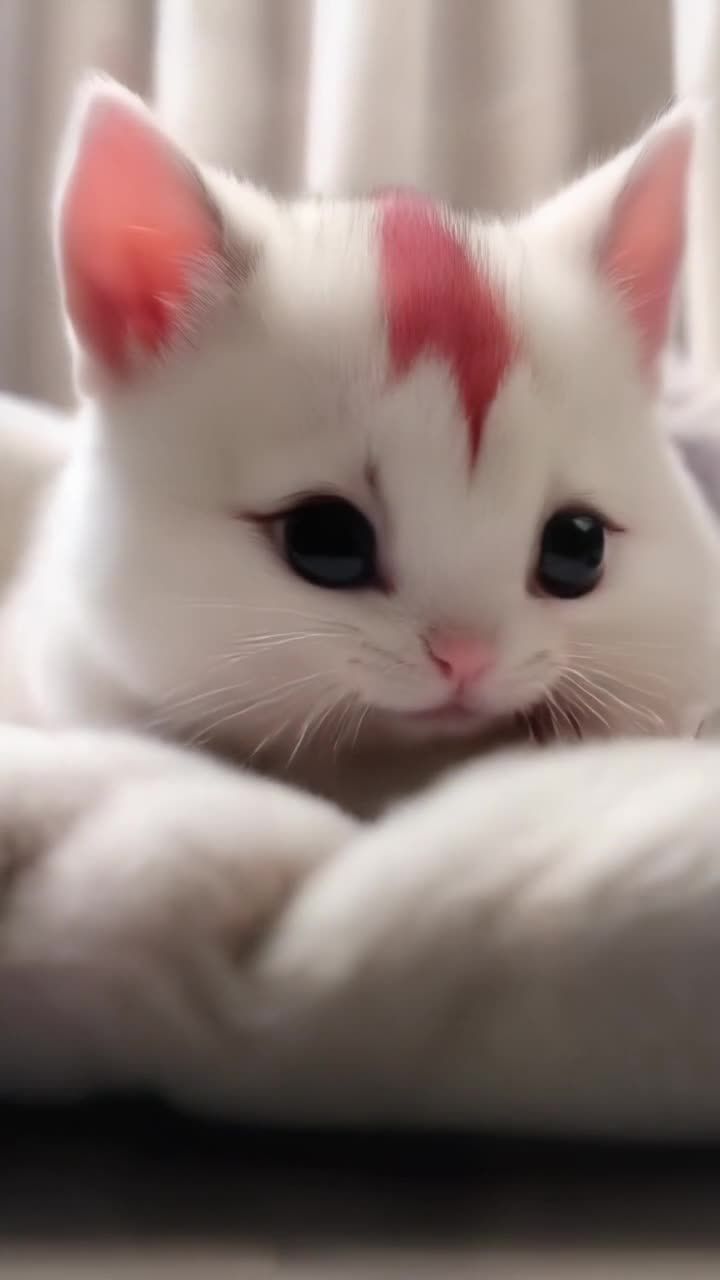 一只穿着粉色背包的白色小猫，它蜷缩在一个舒适的毯子