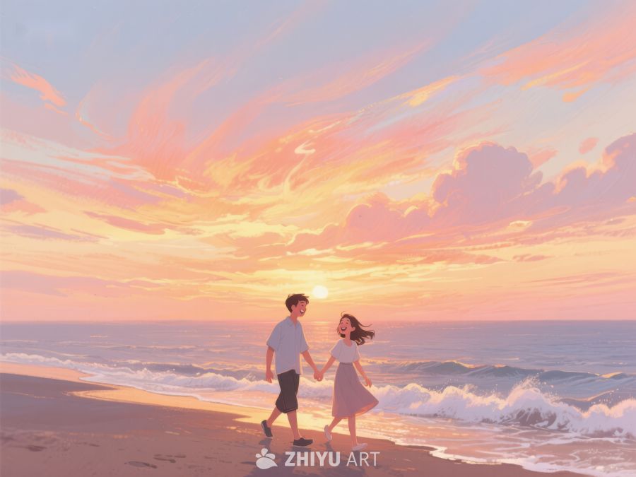 海边日落，两人牵手漫步 239