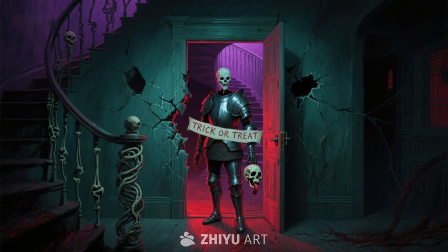 骷髅骑士手持标语，神秘古宅氛围