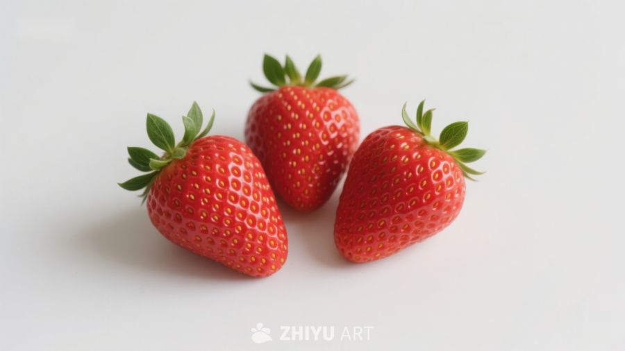 三颗新鲜草莓静置于白色背景