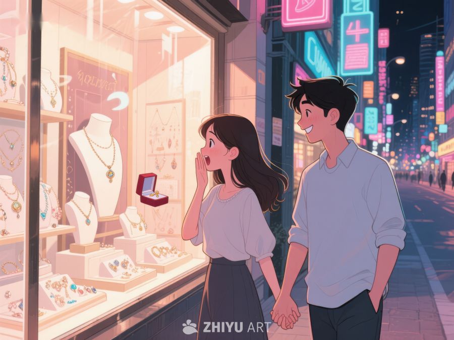 情侣夜晚街头观赏珠宝橱窗 575
