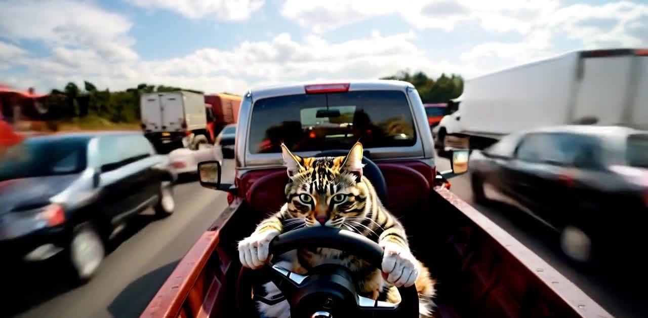 一只狸花猫坐在大型卡车驾驶位上，双手握住方向盘，卡