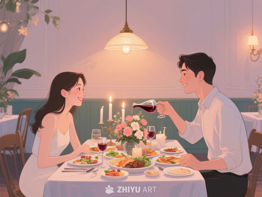 浪漫晚餐：情侣在餐厅共享美食 424