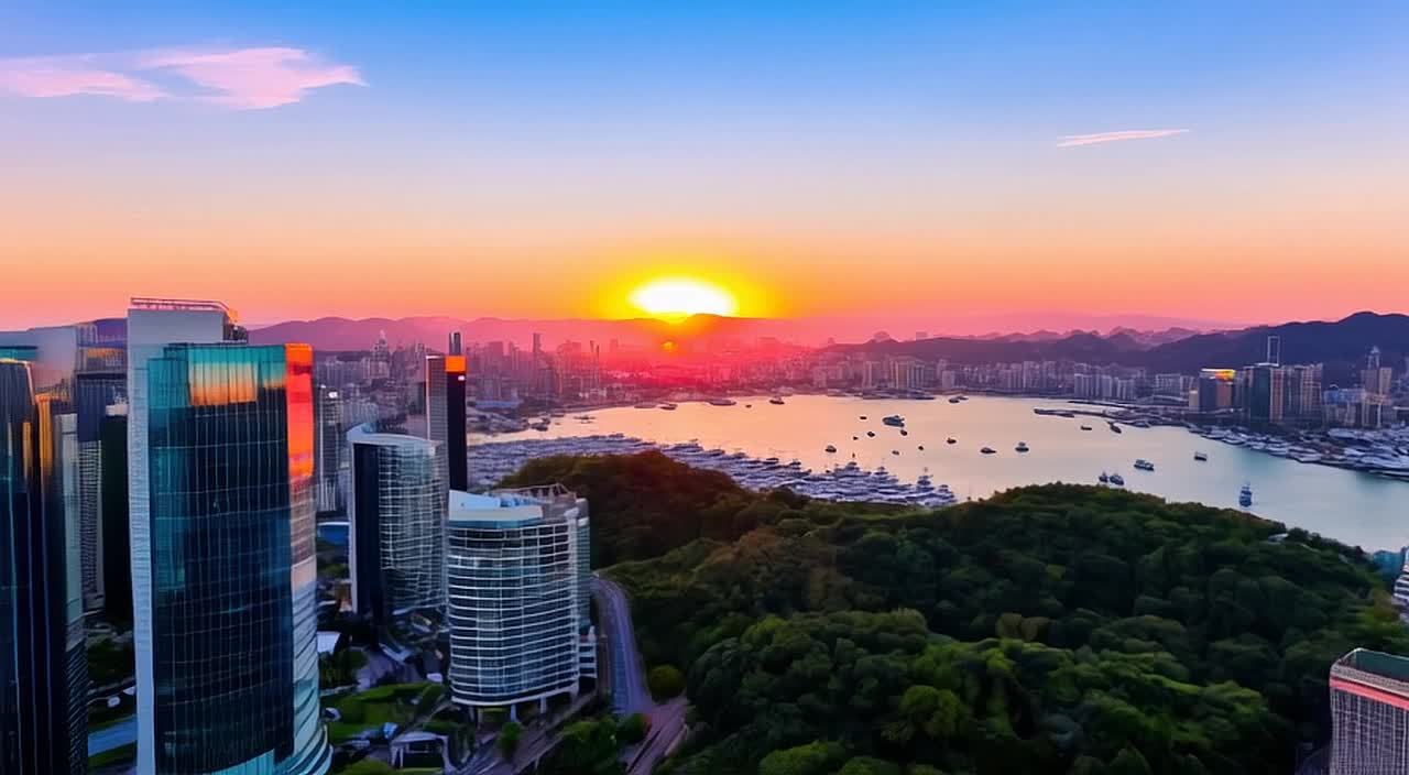 夕阳时分，呈现一幅城市景观的鸟瞰图，画面中一个美丽