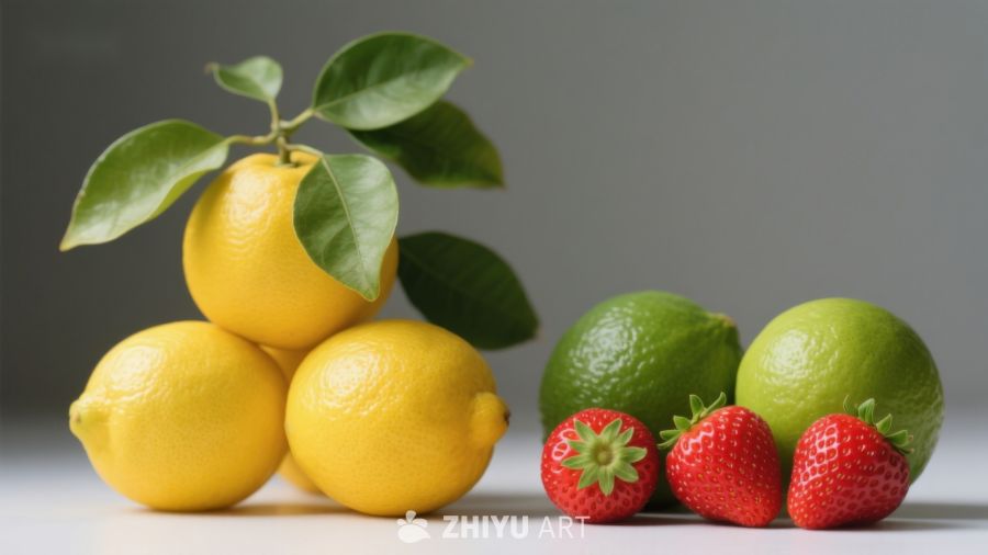 新鲜柠檬、青柠与草莓的静物组合