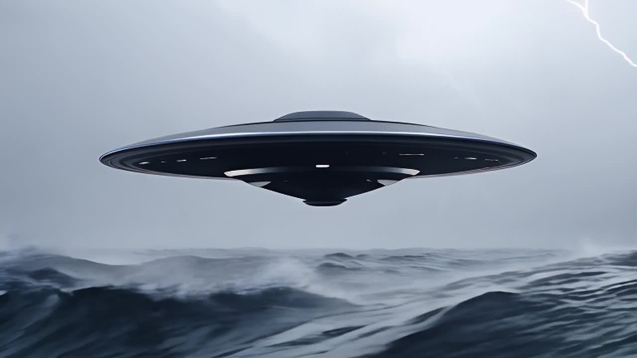 一个飞碟平静地漂浮在海面上，周围是巨大的风暴海浪。