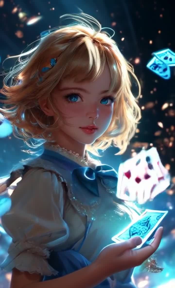 蓝眼金发少女与浮空纸牌，魔法主题。