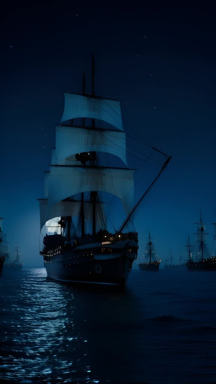 夜空中，多艘帆船航行在海面上。前方的帆船有白色的帆