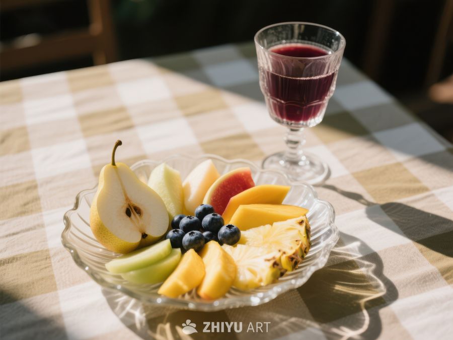 水果拼盘与果汁，阳光下的餐桌 560