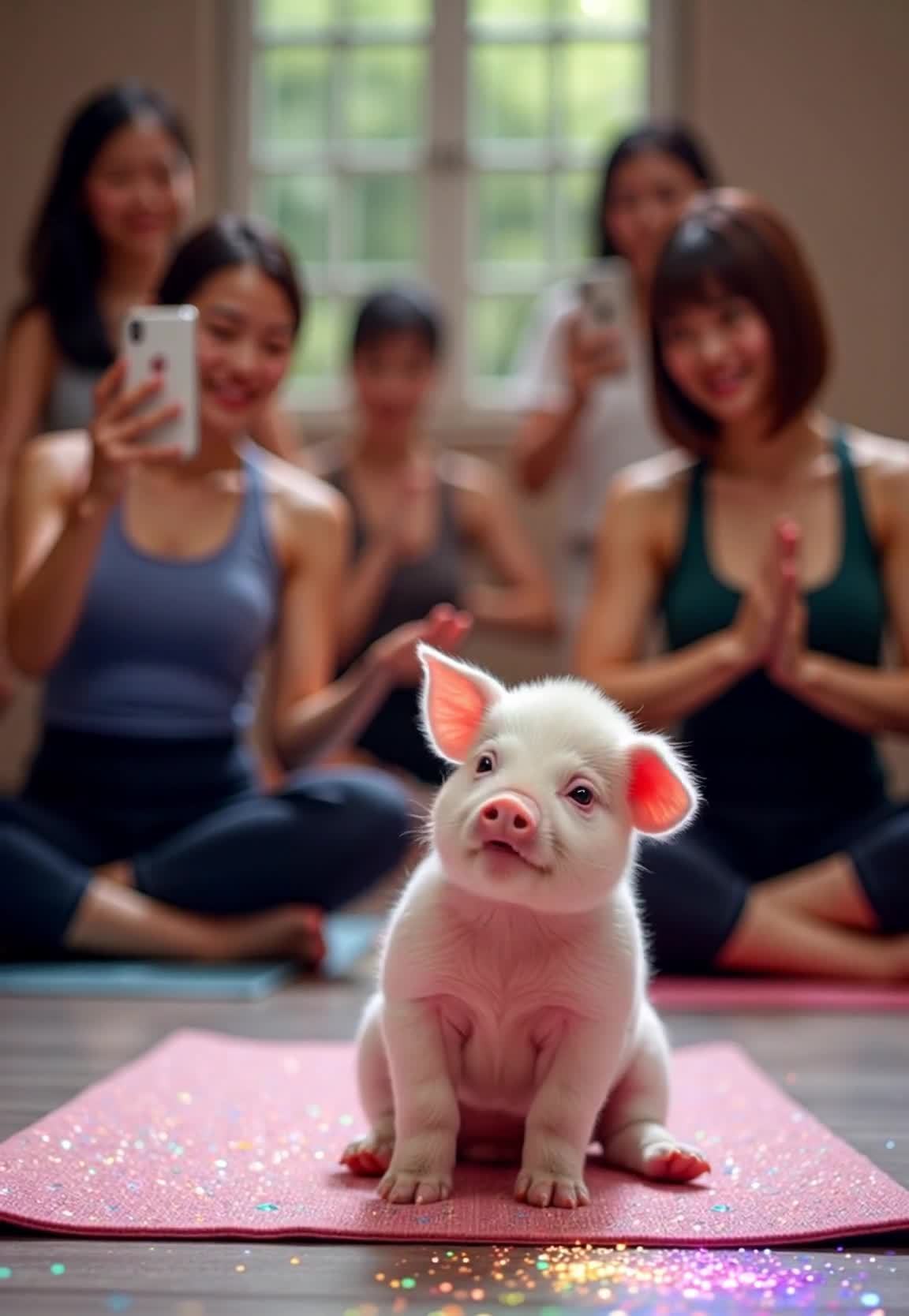 在瑜伽室内，一只白色小猪坐在铺有闪光水晶颗粒的粉色