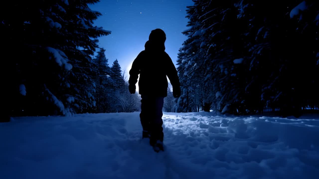 一个人在雪地里行走，周围是黑暗的树林，天空是深蓝色
